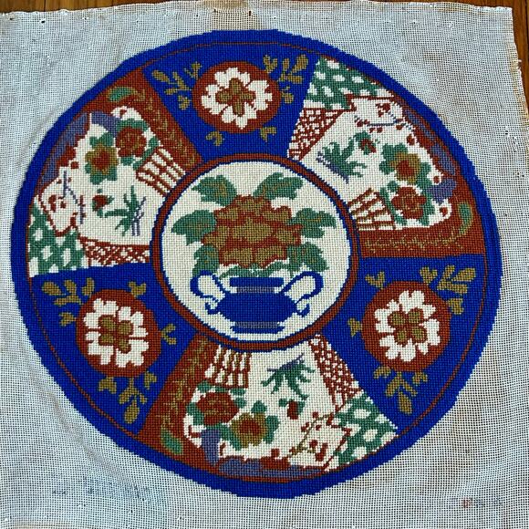 Vintage Round Floral Basket & Urn Needlepoint in Blue, Rust, & Ivory – Unframed - Picture 3 of 9